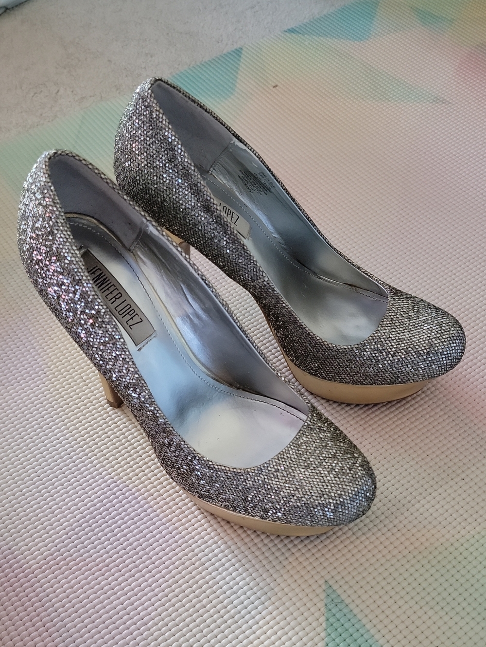 Jennifer Lopez Silver Glitter Platform Pumps with Gold Heel